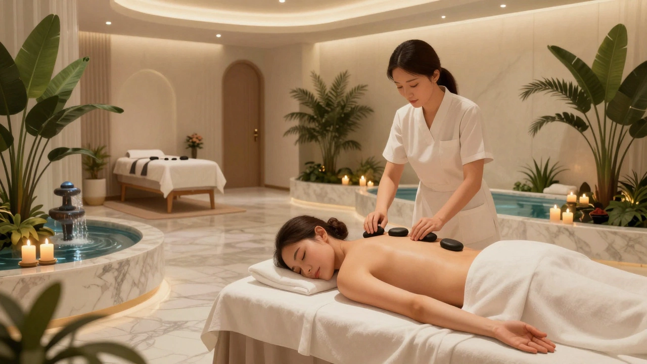 Luxurious spa interior with candles, marble, and hot stone therapy in peaceful setting.