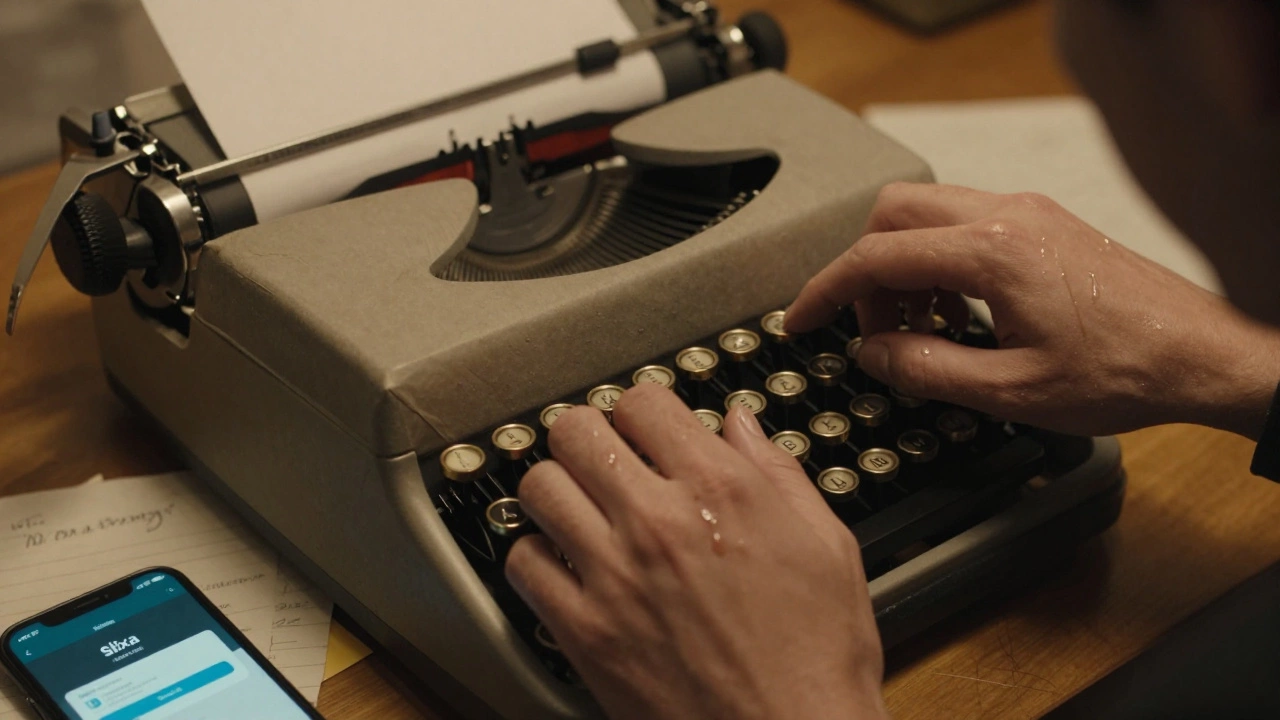 Someone opening a vintage typewriter as a gift, tears in their eyes, phone showing Slixa notification.
