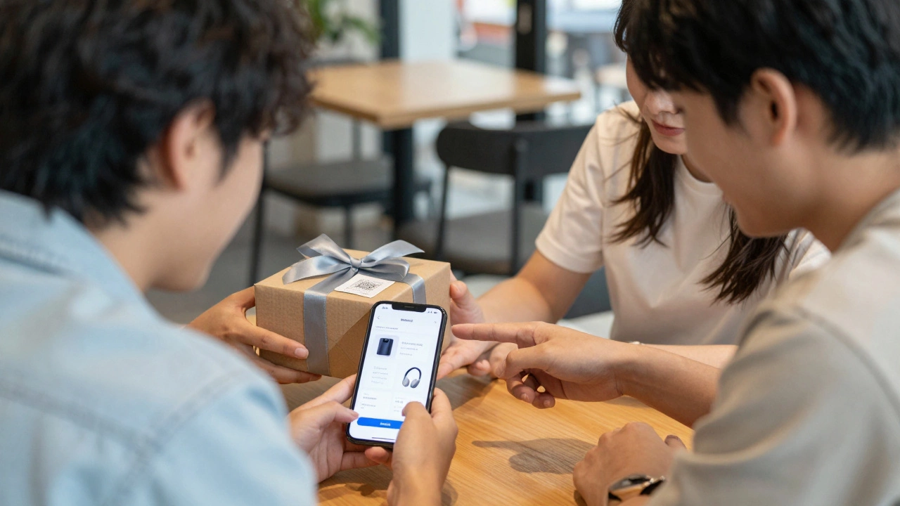 Three friends celebrating a surprise gift with a Slixa wishlist visible on a phone.